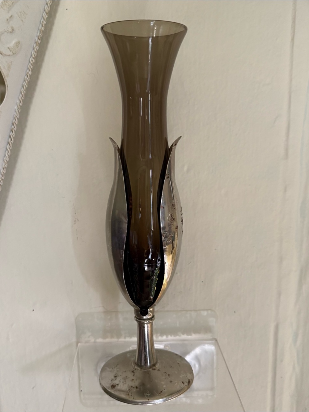 Vintage Quist West Germany Smoky Grey Glass and Metal Tulip Bud Vase Silverplate